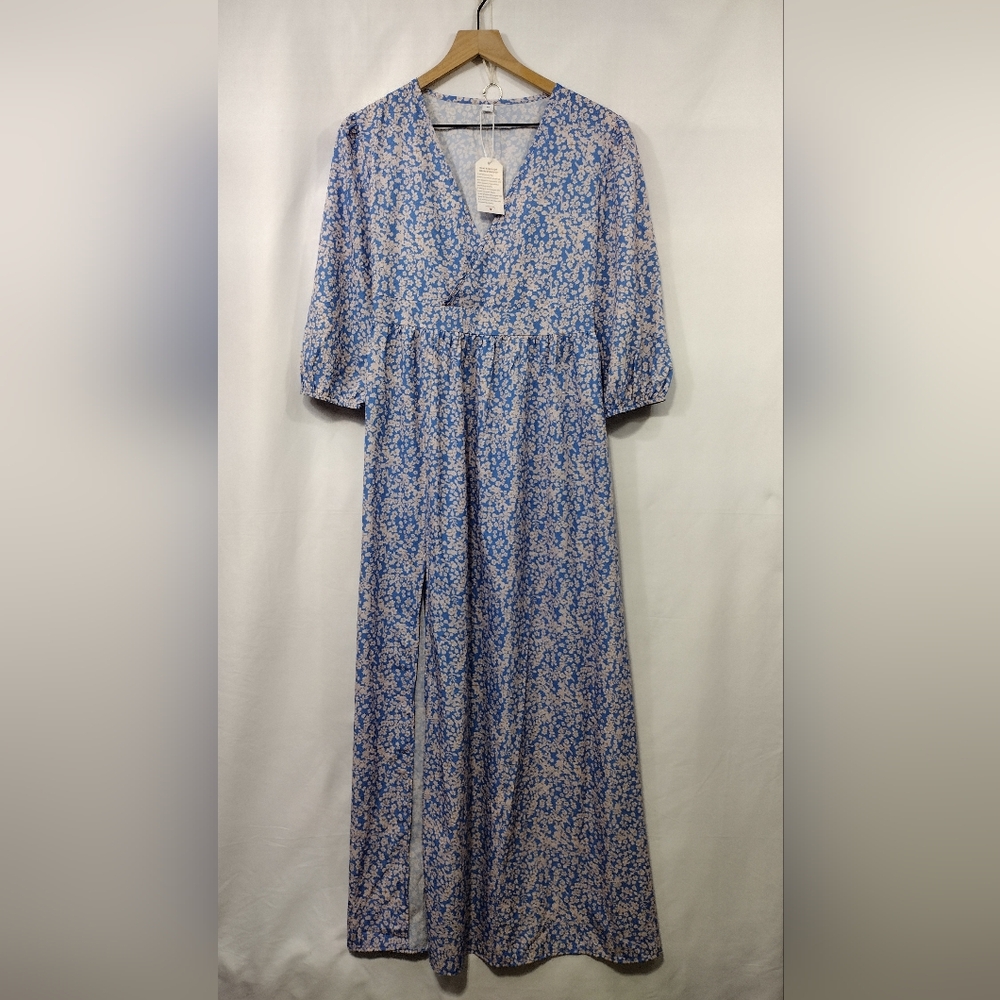 NWT Women's Floral Maxi Dress Size M Blue Cream Cottagecore Peasant Coastal